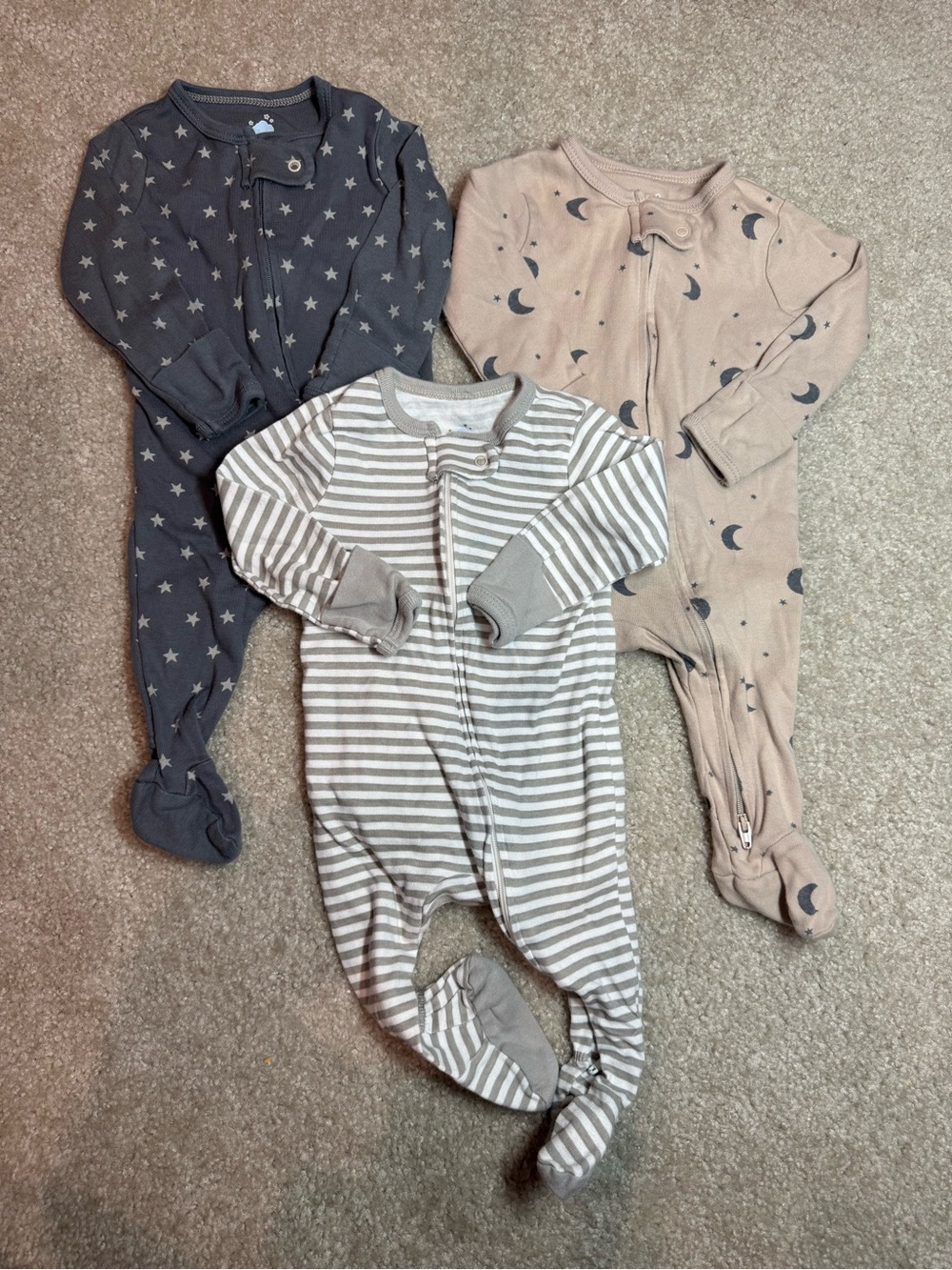 Cloud Island 0-3M Sleep N Play, Two-Way Zip Footed Pajamas, bundle of 3